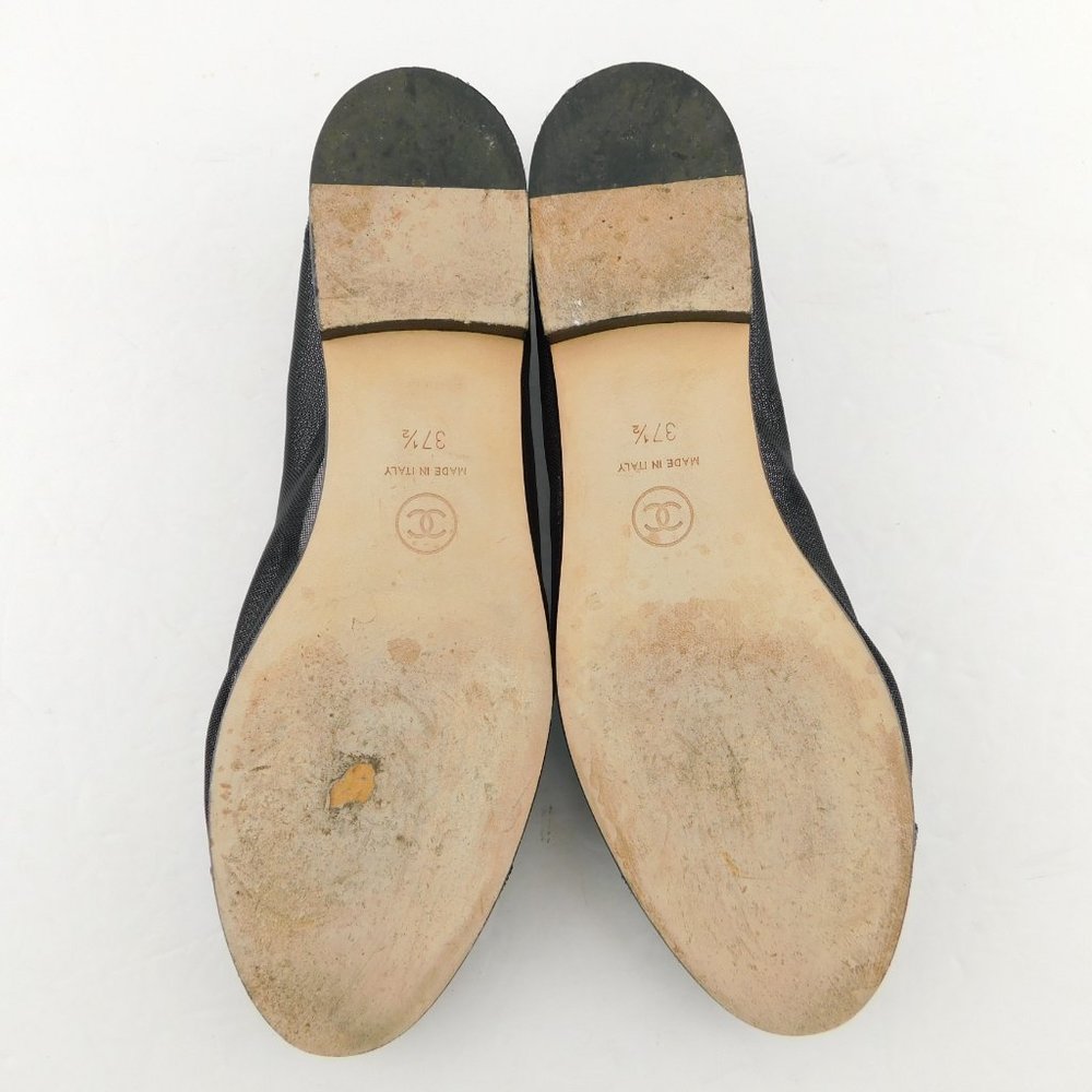 CHANEL Black Crystal CC Logo Cap Toe Mesh Suede Ballet Flats 37.5 - Picture 7 of 9